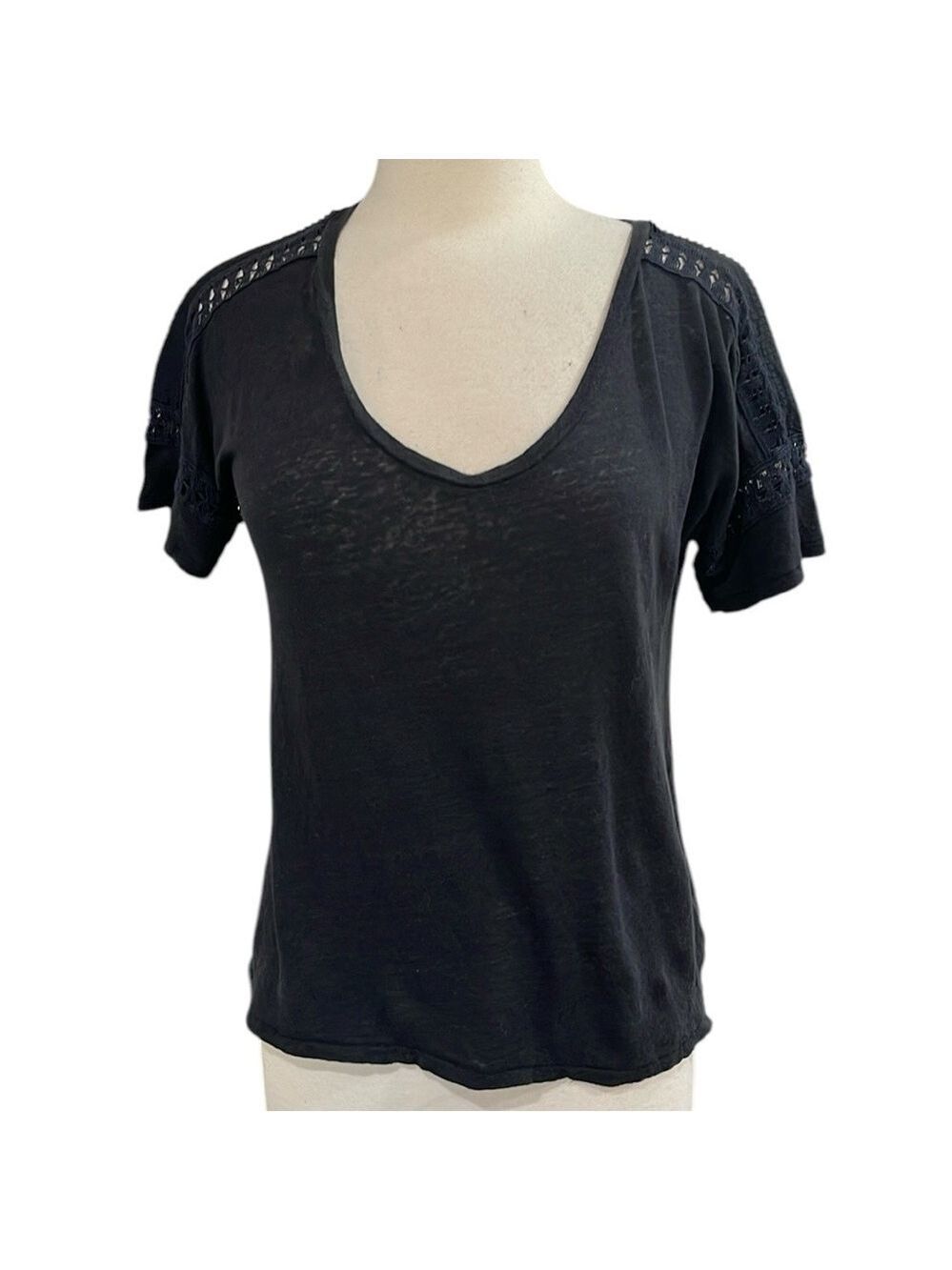 J.Crew V Neck Short Sleeve Lace Inset Shoulder T Shirt Black SZ S